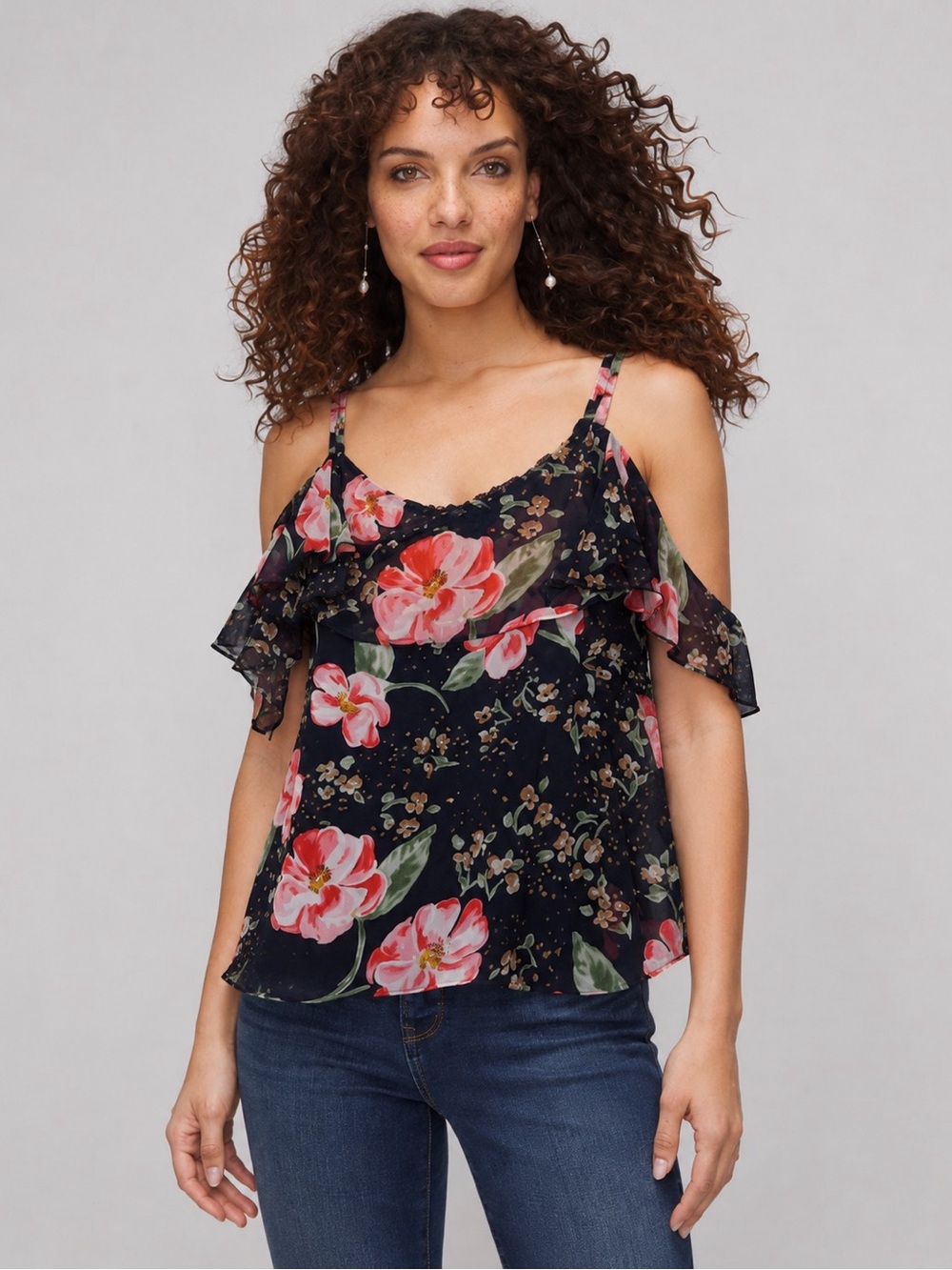 CABI 5220 Cold Shoulder Cami Fairy Tale Floral Whimsygoth Ruffled Blouse Blue